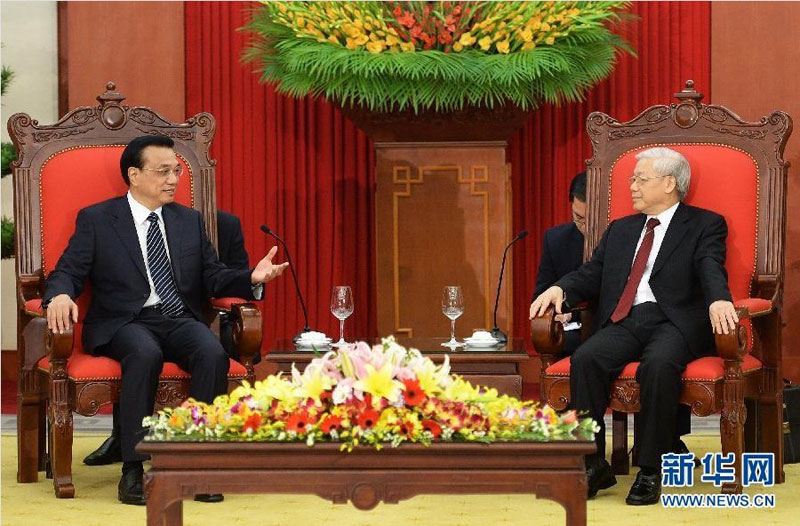10月14日，中國(guó)國(guó)務(wù)院總理李克強(qiáng)在河內(nèi)會(huì)見(jiàn)越共中央總書(shū)記阮富仲。 新華社記者 劉建生 攝