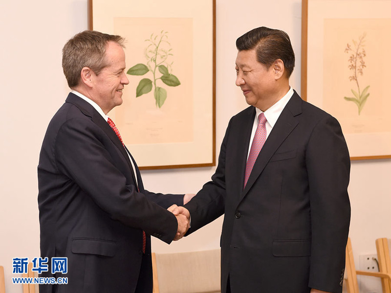 11月17日，國家主席習(xí)近平在堪培拉會見澳大利亞工黨領(lǐng)袖肖滕。 新華社記者馬佔(zhàn)成攝