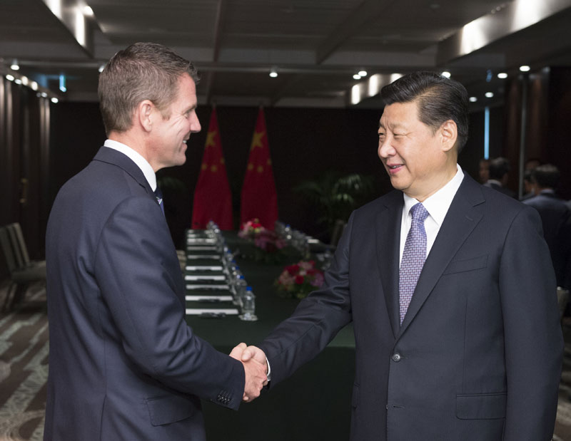 11月19日，中國(guó)國(guó)家主席習(xí)近平在悉尼會(huì)見(jiàn)澳大利亞新南威爾士州州長(zhǎng)貝爾德。 新華社記者 龐興雷 攝