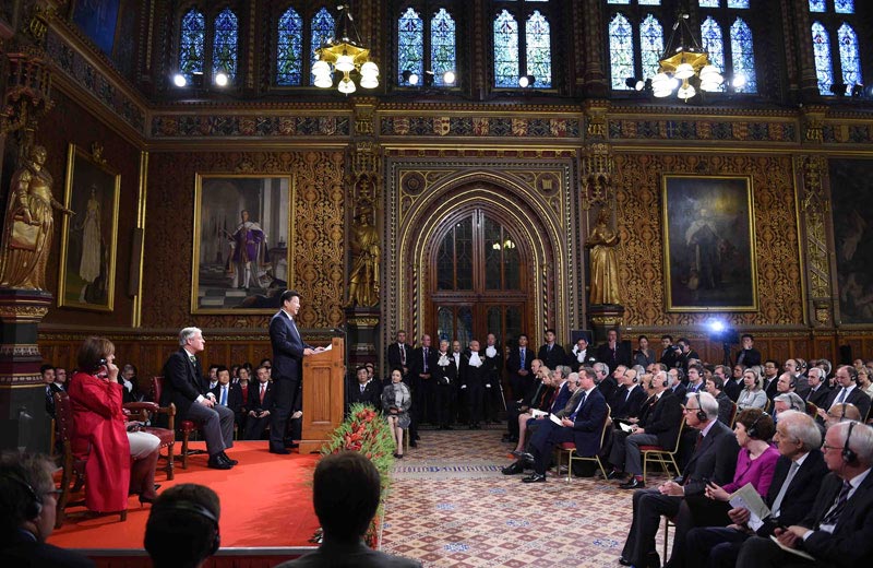 10月20日，國(guó)家主席習(xí)近平在英國(guó)議會(huì)發(fā)表講話。新華社記者 張鐸 攝