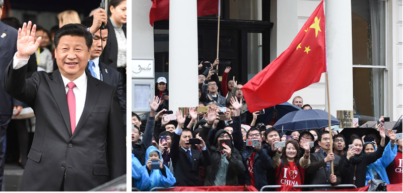 10月21日，國(guó)家主席習(xí)近平在倫敦參觀帝國(guó)理工學(xué)院。這是習(xí)近平向歡迎人群揮手致意。新華社記者 謝環(huán)馳 攝