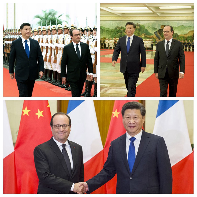 11月2日，國(guó)家主席習(xí)近平在北京人民大會(huì)堂同法國(guó)總統(tǒng)奧朗德舉行會(huì)談。會(huì)談前，習(xí)近平在人民大會(huì)堂北大廳為奧朗德舉行歡迎儀式。新華社記者 李學(xué)仁、馬佔(zhàn)成攝