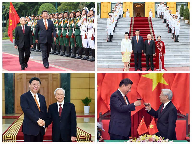 11月5日，中共中央總書記、國(guó)家主席習(xí)近平在河內(nèi)同越共中央總書記阮富仲舉行會(huì)談。會(huì)談前，習(xí)近平出席阮富仲在主席府廣場(chǎng)舉行的盛大歡迎儀式。會(huì)談后，兩國(guó)領(lǐng)導(dǎo)人共同見証雙邊合作文件的簽署。新華社記者 蘭紅光、李濤攝