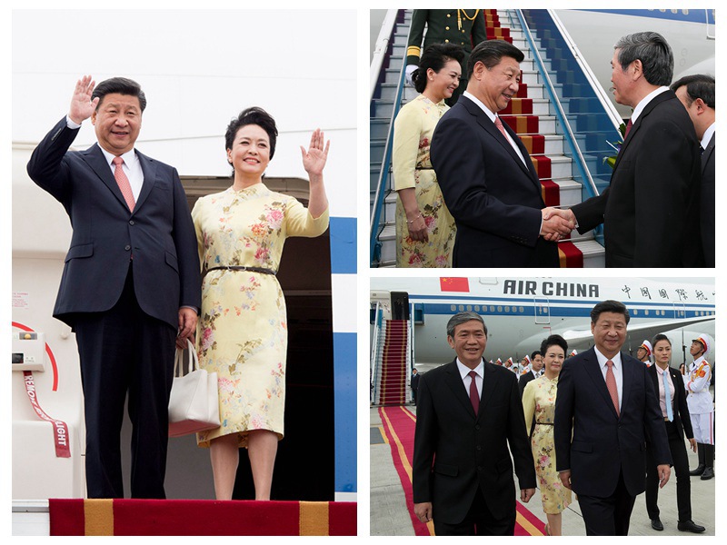 11月5日，中共中央總書記、國(guó)家主席習(xí)近平抵達(dá)越南首都河內(nèi)，開始對(duì)越南進(jìn)行國(guó)事訪問。習(xí)近平和夫人彭麗媛步出艙門向歡迎人群揮手致意。越南高級(jí)官員到機(jī)場(chǎng)迎接習(xí)近平和夫人彭麗媛。新華社記者 李學(xué)仁、蘭紅光攝