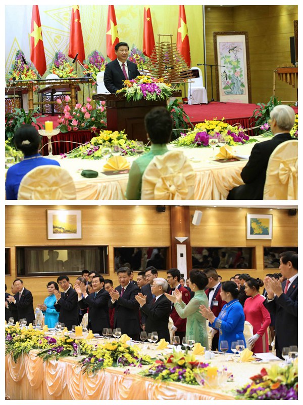 11月5日，中共中央總書記、國家主席習(xí)近平和夫人彭麗媛出席越共中央總書記阮富仲和越南國家主席張晉創(chuàng)在河內(nèi)國際會議中心舉行的盛大歡迎晚宴。新華社記者 龐興雷 攝
