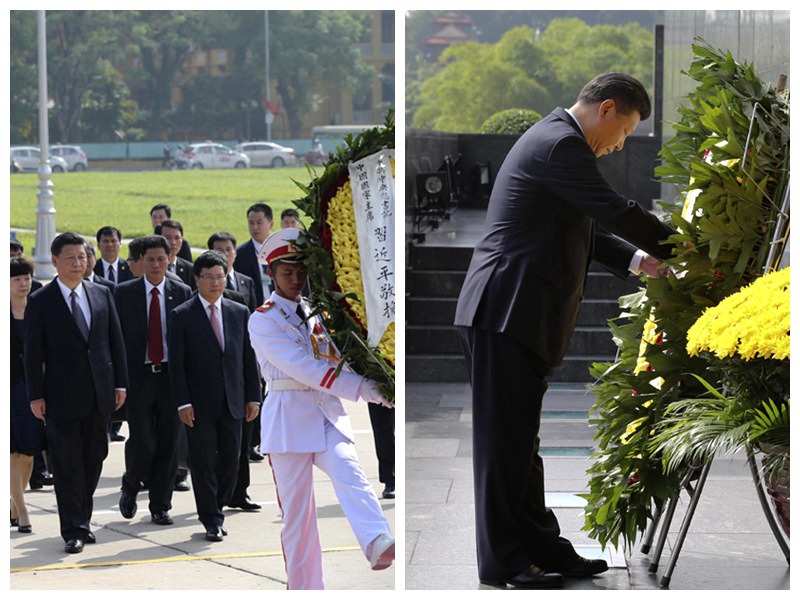 11月6日，中共中央總書(shū)記、國(guó)家主席習(xí)近平在河內(nèi)拜謁胡志明陵並敬獻(xiàn)花圈。新華社記者 蘭紅光 攝