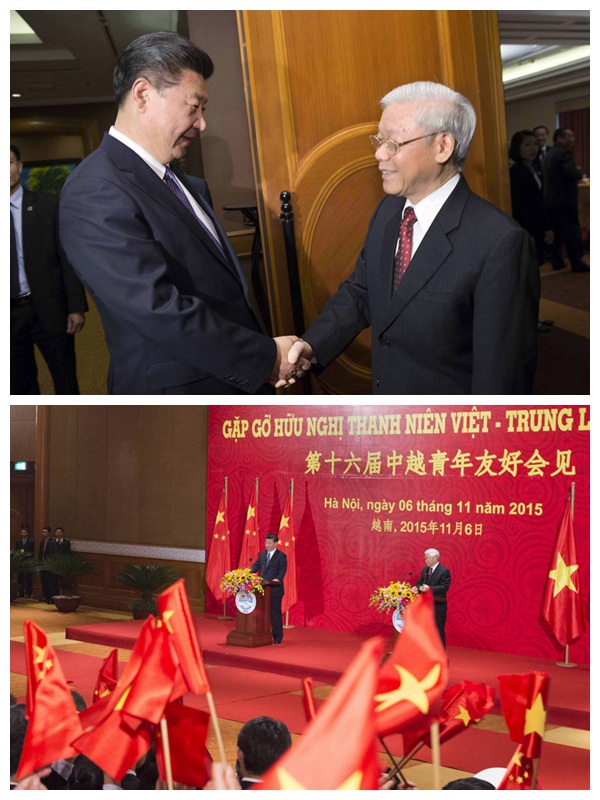 11月6日，中共中央總書記、國家主席習(xí)近平在河內(nèi)再次會見越共中央總書記阮富仲。共同會見參加第十六屆中越青年友好會見活動的中越青年代表。新華社記者 蘭紅光、李學(xué)仁 攝