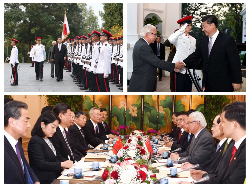 11月6日下午，國家主席習(xí)近平在新加坡總統(tǒng)府會見新加坡總統(tǒng)陳慶炎。會見前，陳慶炎在總統(tǒng)府廣場舉行隆重歡迎儀式，習(xí)近平在陳慶炎陪同下檢閱儀仗隊。新華社記者 馬佔成、饒愛民 攝