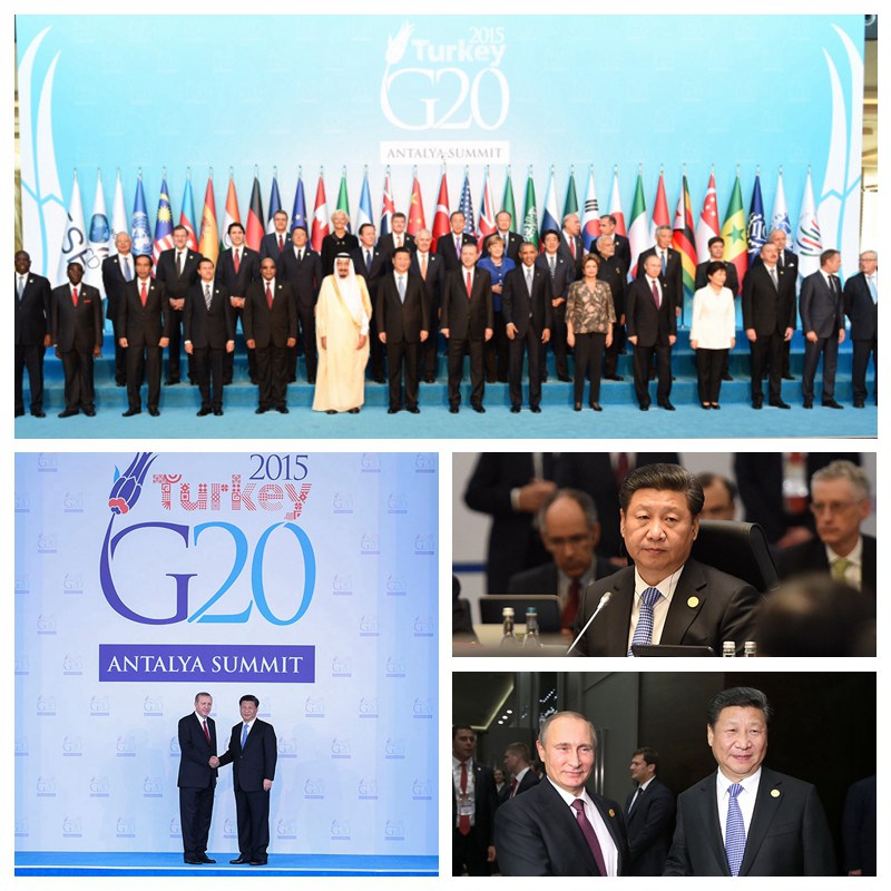 11月15日，中國(guó)國(guó)家主席習(xí)近平出席在土耳其安塔利亞舉行的二十國(guó)集團(tuán)領(lǐng)導(dǎo)人第十次峰會(huì)。國(guó)家主席習(xí)近平出席並發(fā)表題為《創(chuàng)新增長(zhǎng)路徑 共享發(fā)展成果》的重要講話。土耳其總統(tǒng)埃爾多安迎接習(xí)近平主席﹔習(xí)近平主席同與會(huì)領(lǐng)導(dǎo)人合影﹔習(xí)近平出席第一階段會(huì)議﹔習(xí)近平會(huì)見(jiàn)俄羅斯總統(tǒng)普京。新華社記者 李學(xué)仁、張鐸、馬佔(zhàn)成 攝