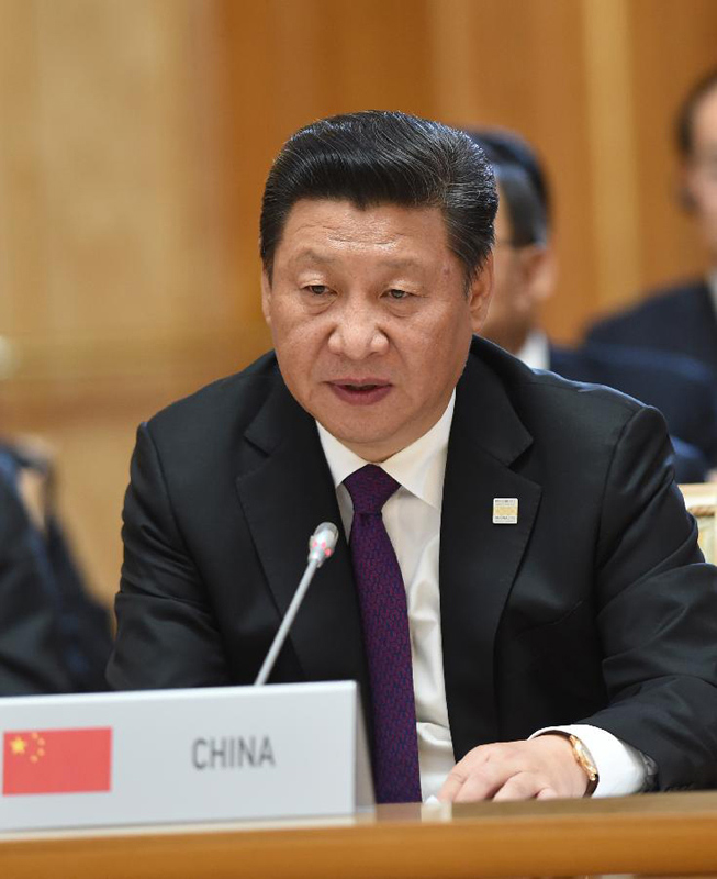 7月9日，金磚國家領(lǐng)導(dǎo)人第七次會(huì)晤在俄羅斯烏法舉行。中國國家主席習(xí)近平、俄羅斯總統(tǒng)普京、巴西總統(tǒng)羅塞夫、印度總理莫迪、南非總統(tǒng)祖馬出席。這是習(xí)近平發(fā)表題為《共建伙伴關(guān)系　共創(chuàng)美好未來》的主旨講話。新華社記者 饒愛民 攝