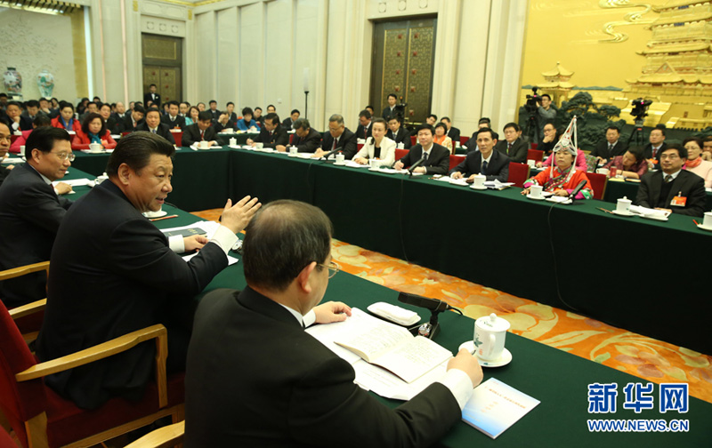 3月6日，中共中央總書記、國家主席、中央軍委主席習近平參加十二屆全國人大三次會議江西代表團的審議。 新華社記者蘭紅光攝