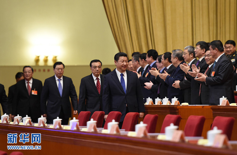 3月13日，中國人民政治協(xié)商會議第十二屆全國委員會第三次會議在北京閉幕。這是習(xí)近平、李克強(qiáng)、張德江、俞正聲、劉雲(yún)山、王岐山、張高麗等步入會場。     新華社記者李學(xué)仁攝