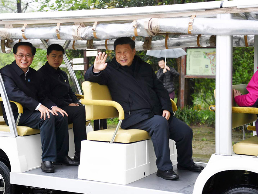 3月31日，中共中央總書記、國家主席、中央軍委主席習(xí)近平在杭州考察。這是習(xí)近平在西溪國家濕地公園就西溪濕地保護(hù)利用情況進(jìn)行考察調(diào)研。 新華社記者 燕雁 攝