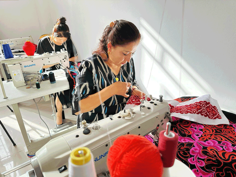 在兵團(tuán)第三師托云牧場(chǎng)，刺繡合作社社員正在工作。人民網(wǎng)記者 楊睿攝