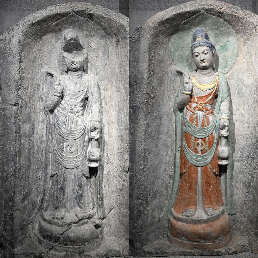 左圖為龍門石窟萬佛洞窟前南壁菩薩造像的3D打印模型；右圖為利用數(shù)字化技術(shù)復(fù)原后的3D打印模型（2025年4月10日攝，拼版照片）。復(fù)原后的像龕精妙絕倫，栩栩如生，被游客譽(yù)為“龍門最美菩薩”。圖片來源新華社