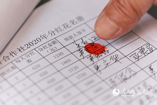 嚴金昌在分紅花名冊上按下紅手印。人民網(wǎng) 張俊攝