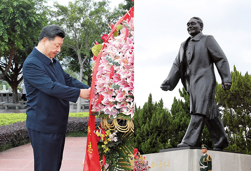 2020年10月14日，深圳經(jīng)濟(jì)特區(qū)建立40周年慶祝大會(huì)在廣東省深圳市隆重舉行。中共中央總書(shū)記、國(guó)家主席、中央軍委主席習(xí)近平在會(huì)上發(fā)表重要講話。這是當(dāng)天下午，習(xí)近平來(lái)到蓮花山公園，向鄧小平同志銅像敬獻(xiàn)花籃。 新華社記者 王曄/攝